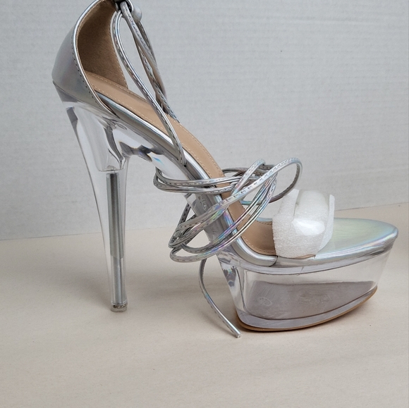 Miss Heel Silver and Clear Iridescent Lace up Platform Stiletto Size 7.5 - Picture 9 of 9